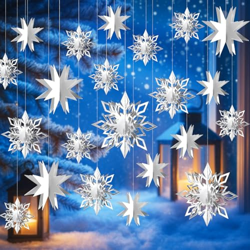 Kiiwah 12 Stücke Weihnachts Schneeflocken Dekorationen, 3D Papier Hängende Schneeflocken Sternförmig Christbaumschmuck, Weihnachtsbaum Anhänger für Weihnachten Home Winter Deko
