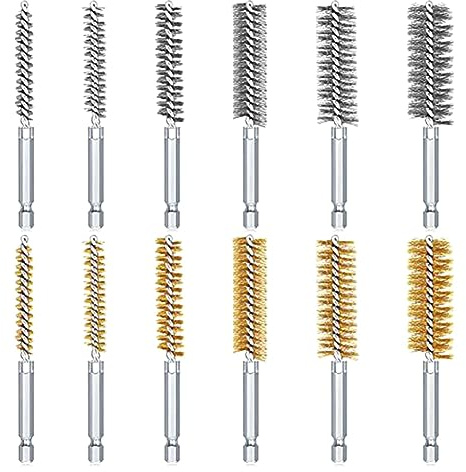 Aboiled Lot de 12 brosses métalliques avec trou en acier, brosse de nettoyage pour trou métallique avec embout hexagonal 1/4 pour trou de tuyau
