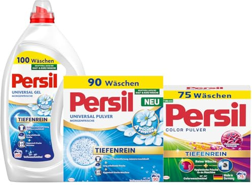 PERSIL Universal Pulver Morgenfrische 90 WL 4,95 kg + PERSIL Universal Kraft-Gel Morgenfrische 100 WL 4,5 L + Pulver Color 75 WL 4,5 kg – Waschmittel Kombination für weiße & bunte Wäsche