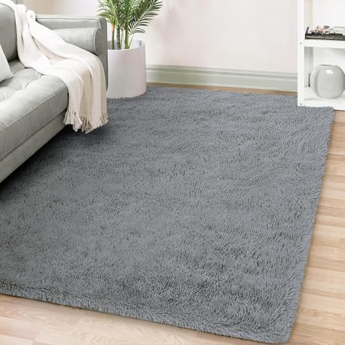 ANJIAJIE Hochflor Teppich Flauschig 180 x 250 cm Weich Modern Elegant Pflegeleicht Uni Seidenglanz Flauschig Shaggy Teppich Hochflor für Schlafzimmer Küche Geeignet, Grau