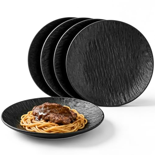 Uppsättning med 4 middagsfat, svart, salladsfat, diameter, återanvändbara obrytbara middagsfat, tårtfat, 20,2 x 2,2 cm, svart melaminfatuppsättning för trädgård, picknick, camping, lunch, middag