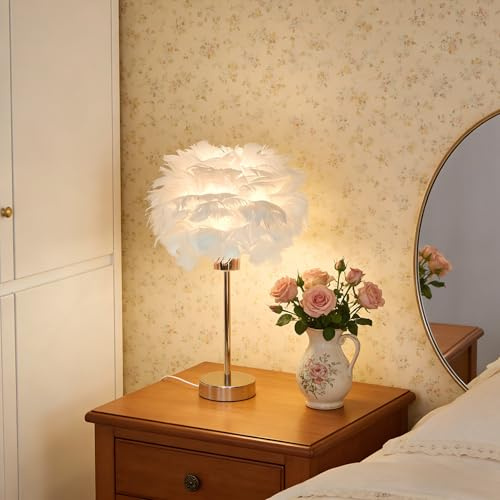 BTLINK Feder Tischlampe Weiß 30CM – E27 Kunstfedern Nachttischlampe | mit Stecker & Ein Ausschalter, für Schlafzimmer, Wohnzimmer, Dekoration（10W）
