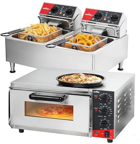 CROSSON 16 Professional Pizzaofen 4000W,Kommerzieller Pizzabackofen Elektrisch Edelstahl mit 30-Minuten-Timer 350℃+12L Elektrische Fritteuse mit doppeltem Tank und rotierendem Fritteusenkopf