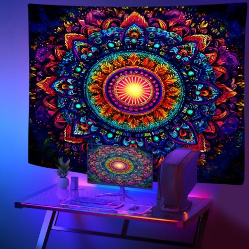 Boho Mandala Wandteppich – Psychedelic Blumenmuster UV-Reaktive Schwarzlicht Deko für Schlafzimmer & Wohnzimmer – Leuchtet im Dunkeln, Aesthetic Wandbehang für Party Wohnheim Dekoration 200x150cm