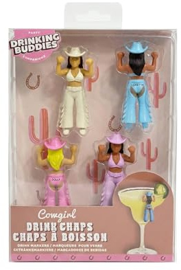 NPW Drinking Buddies Cowgirl Chaps Reusable Drink Markers & Wine Glass Charms – Bachelorette Party Drink Accessories for Adults