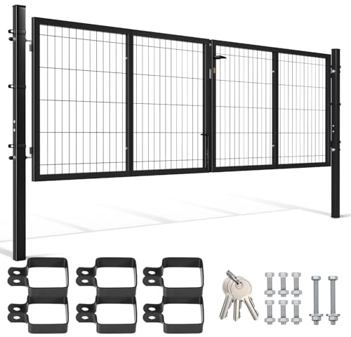 Trädgårdsgrind metall, dubbelbladig trädgårdsdörr, 300 x 100 cm, fyrkantigt rör, för trädgård/terrass, för dubbla stavar (antracit)