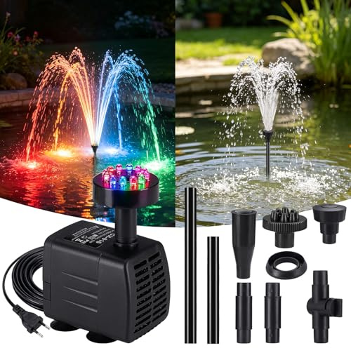 Bomba Sumergible para Fuente Exterior 800L/H con Luz LED, 16W Bomba de Agua Silenciosa con Filtro para Estanque, Fuente y Cascada, Caudal Ajustable para Jardín, Arroyo y Acuario