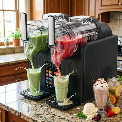 EXSHUING Slush- Och Glassmaskin, 430w Dubbel 2l/0,53 Gallon Slushiemaskin Med Tankar, Ingen Is Behövs. Självkylande Slushmaskin Med 7 Förinställningar Och Självrengöring För Smoothies(Black)