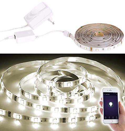Luminea LED-Band Alexa: WLAN-LED-Streifen, warmweiß, 5m, Amazon Alexa & Google Assistant komp. (LED-Streifen spritzwassergeschützt, LED Glasbodenbeleuchtung, kompatibel)