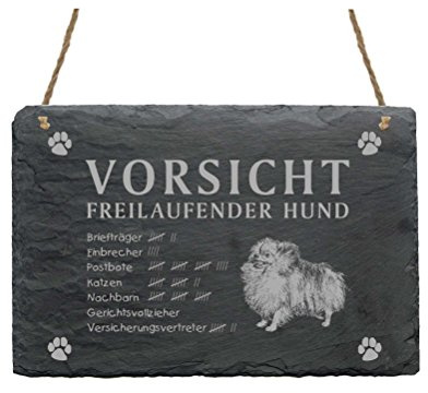 Schild Schiefer Spruch Pomeranian Spitz Vorsicht Freilaufender Hund 22 x 16 cm