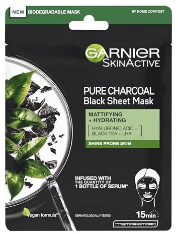 Garnier Pure Charcoal and Black Tea Sheet Mask, Purifying and Hydrating Face Mask With Hyaluronic Acid, LHA & Black Tea Extract, Mattifies Shine Prone Skin, Vegan Tissue Mask 28g