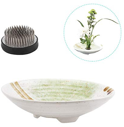 WANDIC Fournitures pour arrangements floraux, grenouille ronde et vase ikebana en céramique blanche pour arrangement floral Ikebana, art de décoration d'intérieur, forme d'assiette à pois blancs
