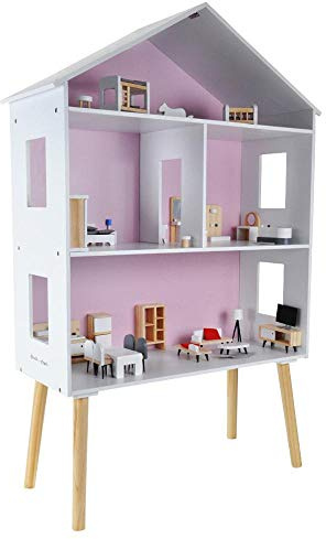 Bandits & Angels Puppenhaus aus Holz, weiß-rosa, Modern Villa ab 3 Jahren, 115,5 cm hoch – inklusive 47 Möbelstücken – Puppenhaus – Puppenspielzeug