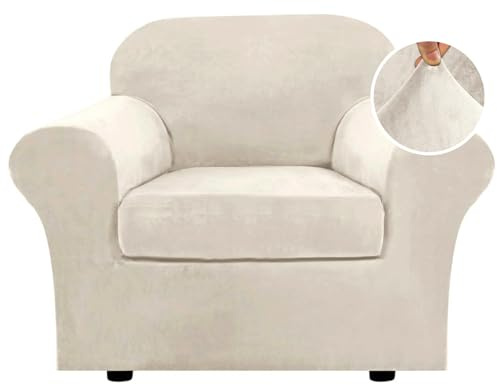 H.VERSAILTEX Rich Velvet Stretch 2 Piece Cover Chair Slipcover Sofa Cover Furniture Protector Couch Soft with Elastic Bottom Chair Couch Cover with Arms Width Up to 49 Inch(Chair, Ivory)