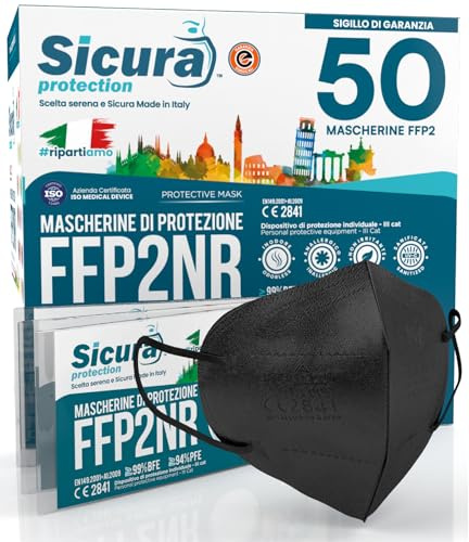 50 Mascherine FFP2 Nere Made in Italy Certificate CE SICURA Elastici Neri | BFE ≥99% Mascherina ffp2 italiana SANIFICATA e sigillata