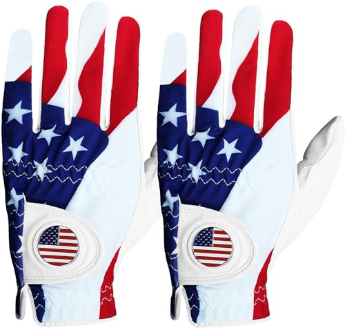 Golf Gloves Men Right Handed Golfer Left Hand with Ball Marker 2 Pack Leather Breathable Comfortable Weathersof Grip Size Small Medium ML Large XL (White&USA Flag, X/Large(Worn on Left Hand))