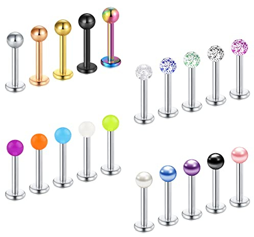 vcmart 20stk Labret Lippenpiercing Stecker 1,2mm Monroe Medusa Helix Tragus Stud 6/8/10/12mm Edelstahl Piercing