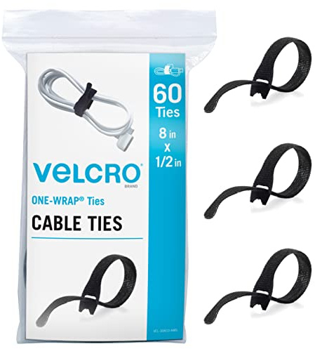 VELCRO Brand Heavy Duty Cable Ties Reusable | 60Pc Bulk Pack | 8 x 1/2 ONE-WRAP Straps, Black | Strong Wire Management | Cord Bundling for Home Office and Data Centers
