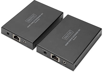 DIGITUS HDMI KVM IP Extender Set | bis 150 m Reichweite – USB 1.1, HDMI 1.4, HDCP 1.4 – Anschluss von Maus und Tastatur – Patchkabel ab CAT 5e