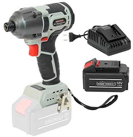 Dino KRAFTPAKET 18V-180Nm Bürstenloser Akku Schlagschrauber 1/4 Zoll Innen-Sechskant mit 3-stufigem Drehkraft-Begrenzer im Set mit 4Ah Akku und Ladegerät und LED-Leuchte, Motor bürstenlos Brushless