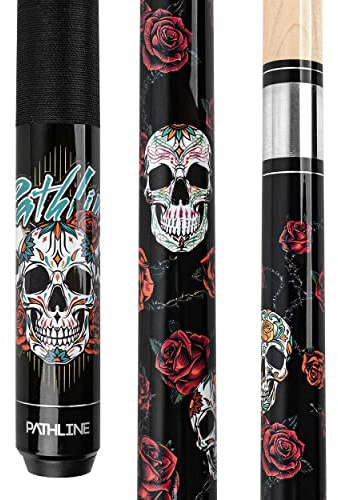 Pathline PL518 Pool Cue Stick - 58 Canadian Maple 13mm Tip Billiard Pool Stick(Black/Skull - 21oz)