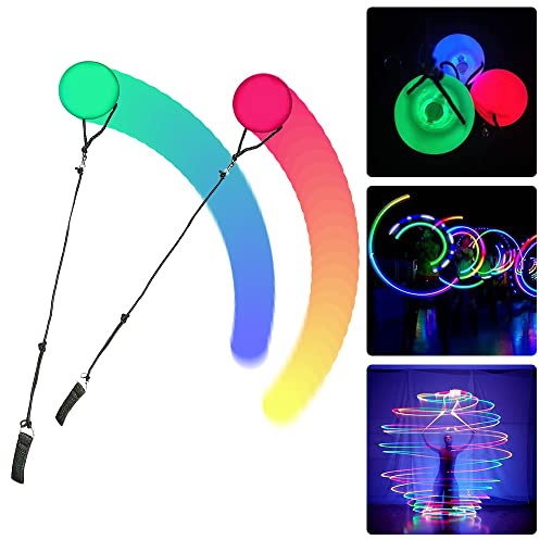 SKJJL 2 bolas de malabares Poi LED Poi, bolas de malabares luminosas con colores de arco iris y efecto estroboscópico, LED Poi Ball con doble correa ajustable para arañas, balanceo danza del vientre