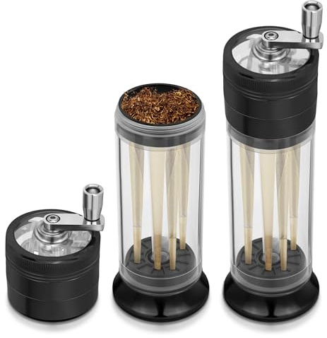PLAMAKER Spice Mill 3-in-1 Hand Crank Loader Roller Crusher Filler with Magnetic Lid - Zinc Alloy Flower Buds Grinding and Storage in Black