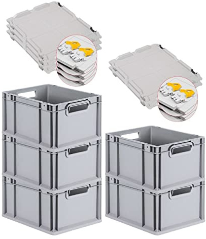 PROREGAL SuperSparSet 5x Eurobox NextGen Grip mit Scharnierdeckel und gelben Schiebeschnappverschlüssen, HxBxT 22x30x40cm, 20 L, Grau, Griffe offen, Eurobehälter, Transportbox