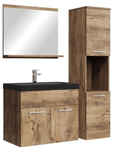 Badplaats Badmöbel Komplettset Montreal 60 x 35 cm Braun Eiche - Badezimmermöbel mit Schwarze Waschbecken, Spiegel und Badezimmerschrank