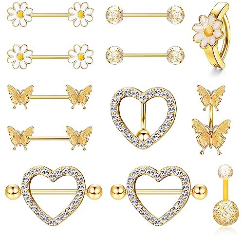 Kakonia 14G Nippelpiercing und Bauchnabelpiercing Set für Frauen Mädchen Chirurgenstahl Nippelringe Herz Schmetterling Blume Brustwarzenpiercing Niedlicher Nippelring Körper Piercing Schmuck