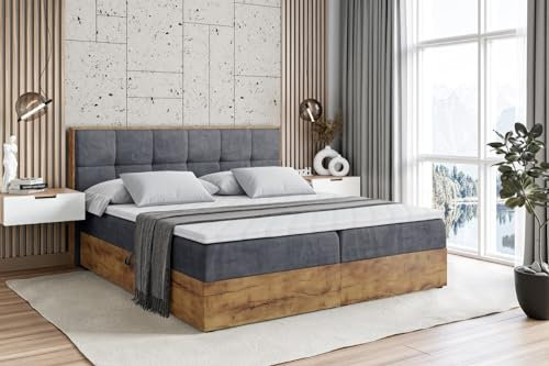ALTDECOR Boxspringbett mit Matratze und Lattenrost, Topper, Fußteil,Polsterbett mit Bettkasten, Bett mit Stauraum H3-Matratze, Doppelbett, Boxbett - LOLLI7-140x200 - Dunkelgrau Casablanca