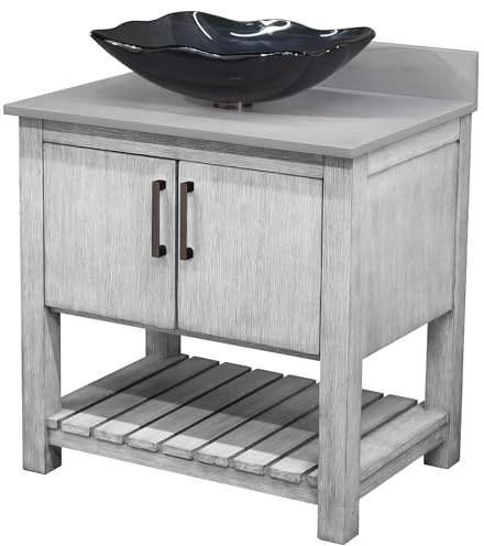 Miseno MV-30SG-NOBV-280-317G 30 Free Standing Single Basin Vanity Set with Cabinet, Rectangular Glass Vessel Sink and Grey Quartz Vanity Top - Stonewash Grey/Storm Grey Top/Oil Rubbed Bronze