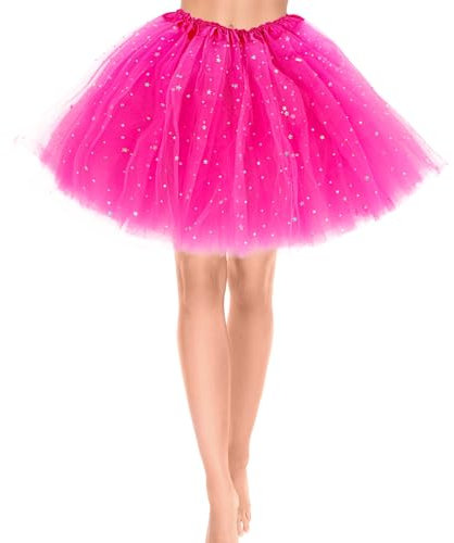 Tüllrock Damen Rose Rot 3 Lagen Tüll Rock mit Pailletten Sternen Adult Teen Tütü Rock Damen Mädchen Retro 80er Party Halloween Karneval Party Kostüm