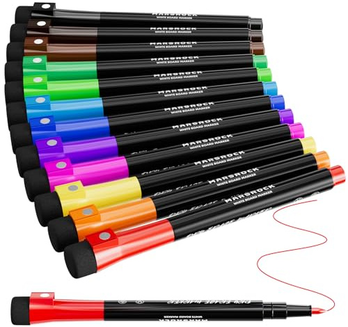 Marsrock Whiteboard-Marker mit feiner Spitze, 12 Stück, bunt, geruchsarm, magnetische Whiteboard-Marker mit Radiergummi, 6 Magnete, 10 Reißzwecken und einem Whiteboard-Radierer für Schulbedarf