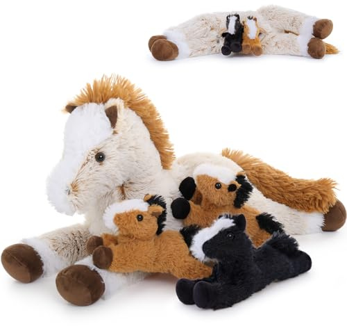 MorisMos 54cm riesen Pferd Kuscheltier XXL mit 3 Baby Pony im Bauch, groß Plüschpferd Kuscheltiere XXL, Flauschiger Stofftier Plüschtier Horse Geschenk für Jungen