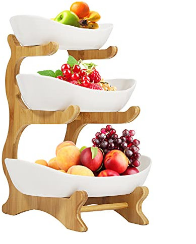 WEIGR 3 Layer Multi-Layer Ceramic Fruit Plate Bamboo Wooden Frame Household Sushi Plate Basket Bowl Holder Vegetables Storage Stand Kitchen Organizer (Weiß)