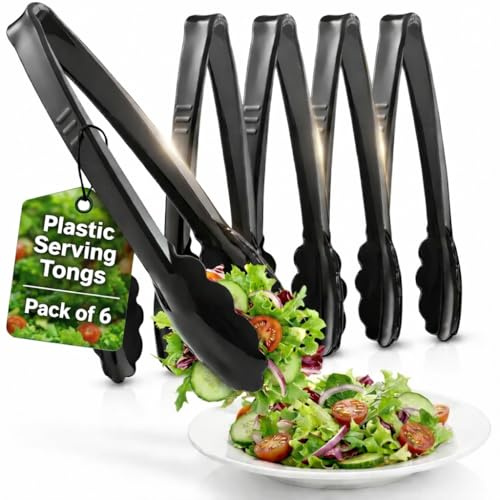 Plastic Tongs for Serving (Pack of 6) 9 Inch - Heavy-Duty Hard Plastic Reusable or Disposable Serving Tongs for Catering, Dinner Parties, Banquets, Buffets, Events, Weddings and Everyday Use, Black | Reusable or Disposable Tongs for Catering, Buffets, Banquets, Dinner Parties, Weddings, Events, Food Service & Everyday Use