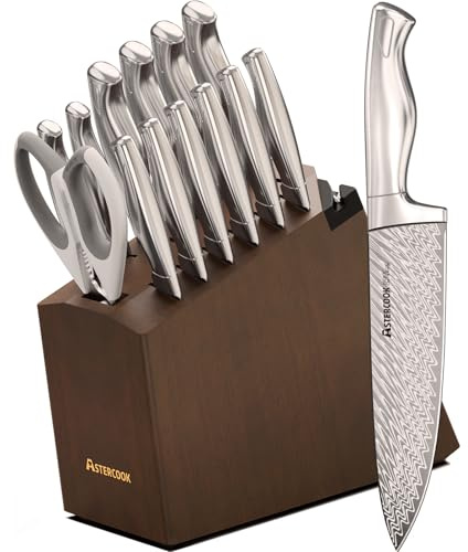 Astercook Knife Set, 15 Pieces Knife Sets for Kitchen with Block, Ultra-Sharp German High Carbon Stainless Steel Knife Block Sets with Built-in Sharpener, Dishwasher Safe Knives Set for Kitchen