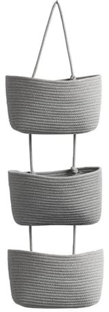 Hängeorganizer Geflochten Korb Hängend Wand Organizer, 3 Etagere Hängeaufbewahrung Hängende Tasche Aus Baumwollseil, Faltbare Hängeregal Pflanzkorb Für Bad, Schlafzimmer, Kinderzimmer (Grau)