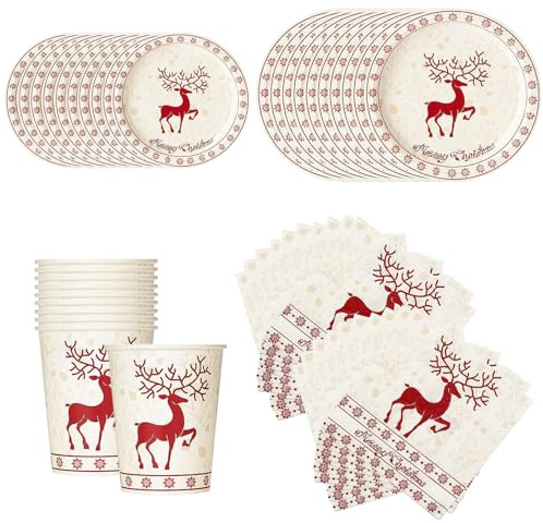Lot de 50 assiettes jetables en carton avec motif d'élan rouge et inscription Merry Christmas comprenant des assiettes en carton, des gobelets en carton et des serviettes pour décoration de Noël