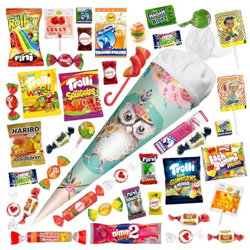 OYOY 35cm Schultüte gefüllt mit Süßigkeiten Mix I ROTH Schultüte Eule Lieselotte I kleine Schultüte gefüllt I Geschwister Schultüte I Einschulung Geschenk