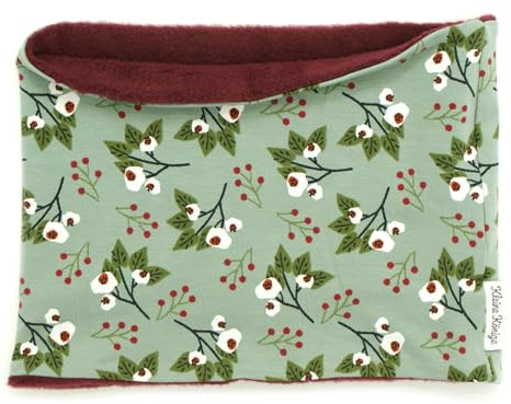 Kleine Könige Loop Schal Kinder Mädchen bis 10 Jahre · Modell Blumen Mistelzweig Mistletoe oliv · Innen Fleece weinrot · Made in Germany