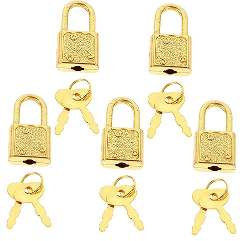 MOLUCKFU Vintage Style Mini Padlocks Keys for Treasure Chest and Wood Box, Metallic Gold Small Locks Set of 5, Suitable for Pirate Treasure Boxes and Game Props