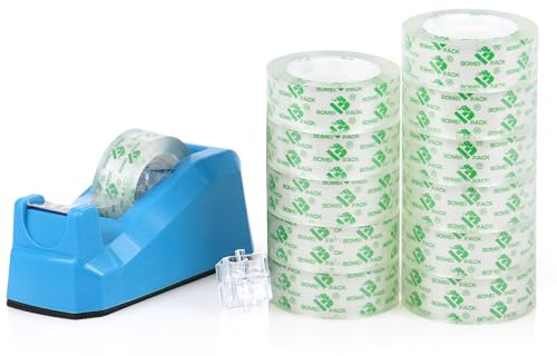 BOMEI PACK Transparent Tape Dispensers Desk, 1 Pack Blue with 12Rolls Transparent Tape, 1 Inch Core, for Gift Wrapping, School, Office and Home