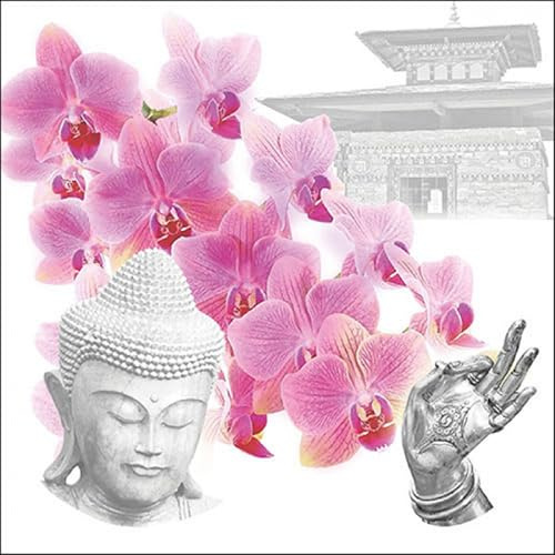 20 Servietten Natur Orchideen an Buddha als Tischdeko. Papierservietten mit Motiv. Auch für Decoupage und Serviettentechnik 33x33cm
