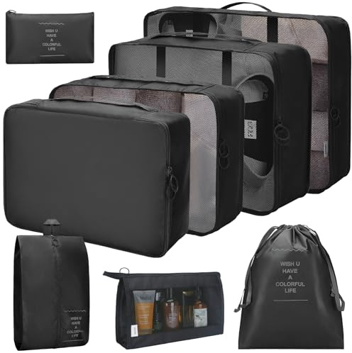 JetsCush 8 Teilige Koffer Organizer Set, Packing Cubes, Kleidertaschen, Packwürfel Set für Urlaub und Reisen,Kleidertaschen, Schuhbeutel, Kosmetiktasche(Schwarz)