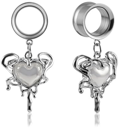 DOEARKO Ohr Tunnel 1 Paar Double Flared Flesh Tunnel mit Herz Anhänger Edelstahl Ohr Piercing Schmuck Expander Ohrplugs für Frauen und Männer (Silber, 12MM)