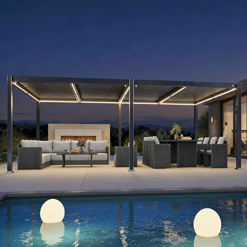 PURPLE LEAF Pergola 3.5 x 7.16 m mit Lamellendach Terrassenüberdachung Freistehend Wasserdicht Stabil Winterfest Verstellbaren Alu-Lamellen Pavillon mit LED-Lichtleiste, Grau