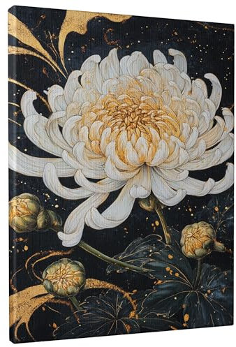 Stampa artistica da parete su tela con fiori di crisantemo, stampa floreale in oro bianco, elegante decorazione estetica per la casa per soggiorno, camera da letto, ufficio, senza cornice, 20,3 x 30,5