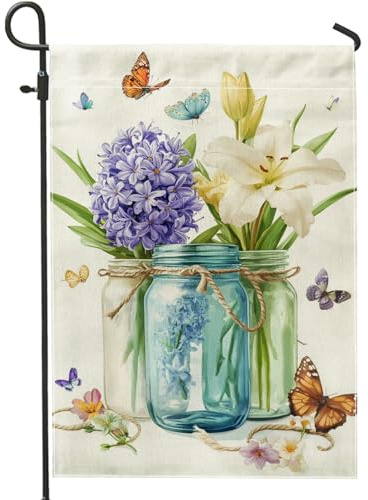 Drapeau floral de jardin printanier et été, lilas violet et lys blanc, drapeau de jardin décoratif double face, drapeau de pelouse pour décoration de fête en plein air, 30,5 x 45,7 cm